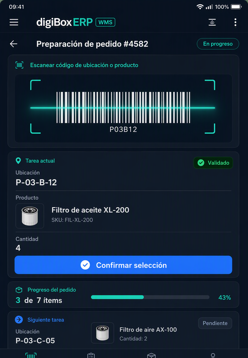 Terminal móvil de digiBoxERP WMS: preparación de pedido con lectura de código de barras, ubicación y confirmación de selección