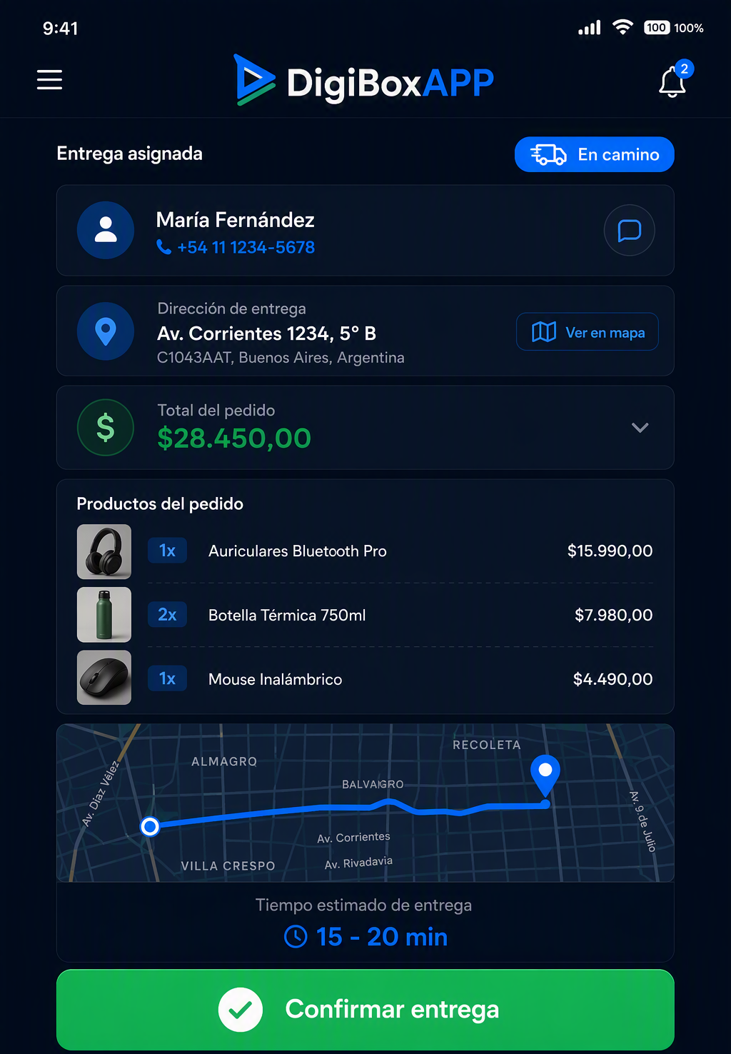 DigiBoxAPP en el smartphone del repartidor: entrega asignada, dirección con mapa, productos del pedido y botón Confirmar entrega
