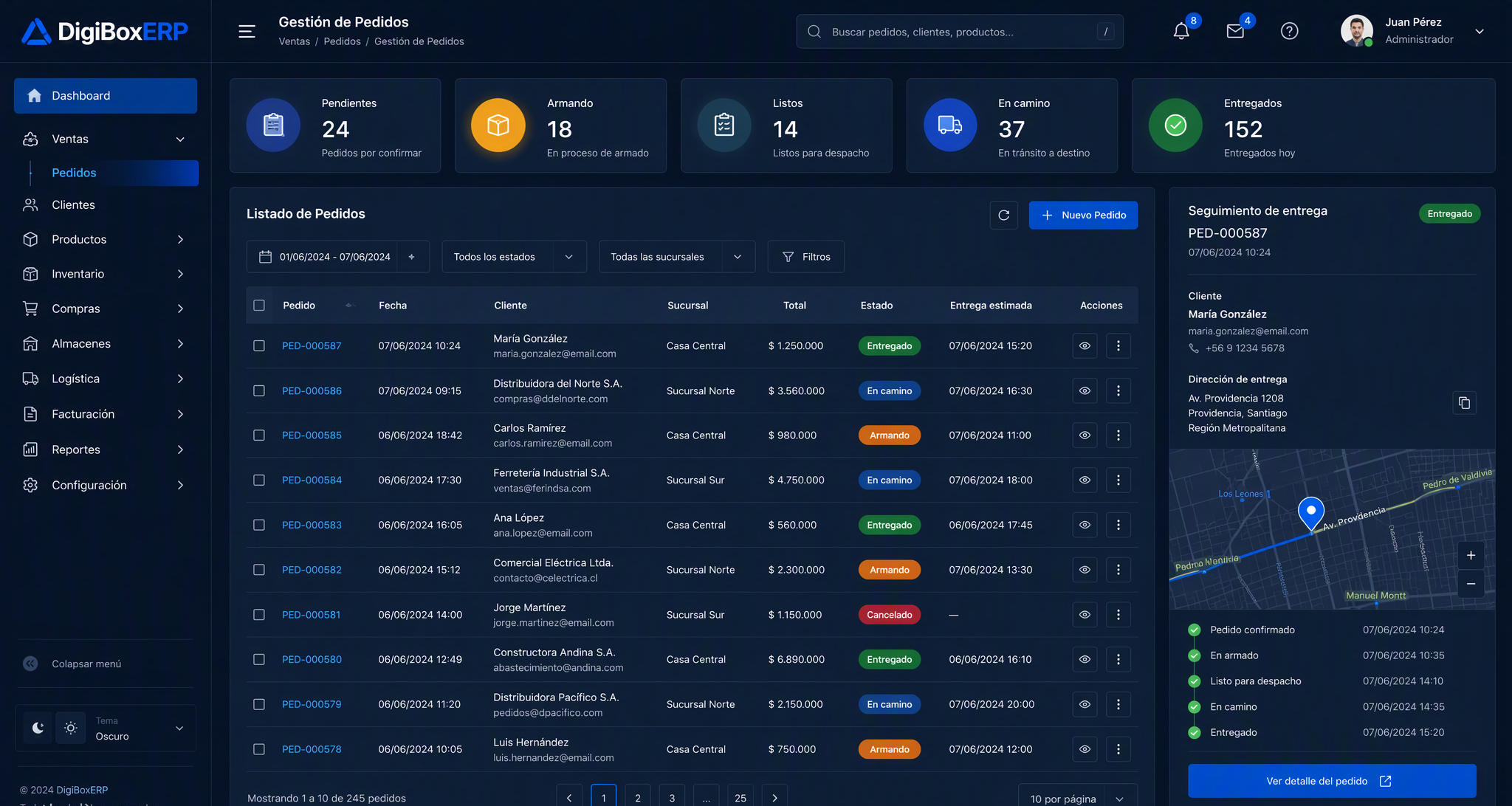 Centro de Gestión de Pedidos de DigiBoxERP: listado de pedidos con estados, contadores y seguimiento de entrega con mapa