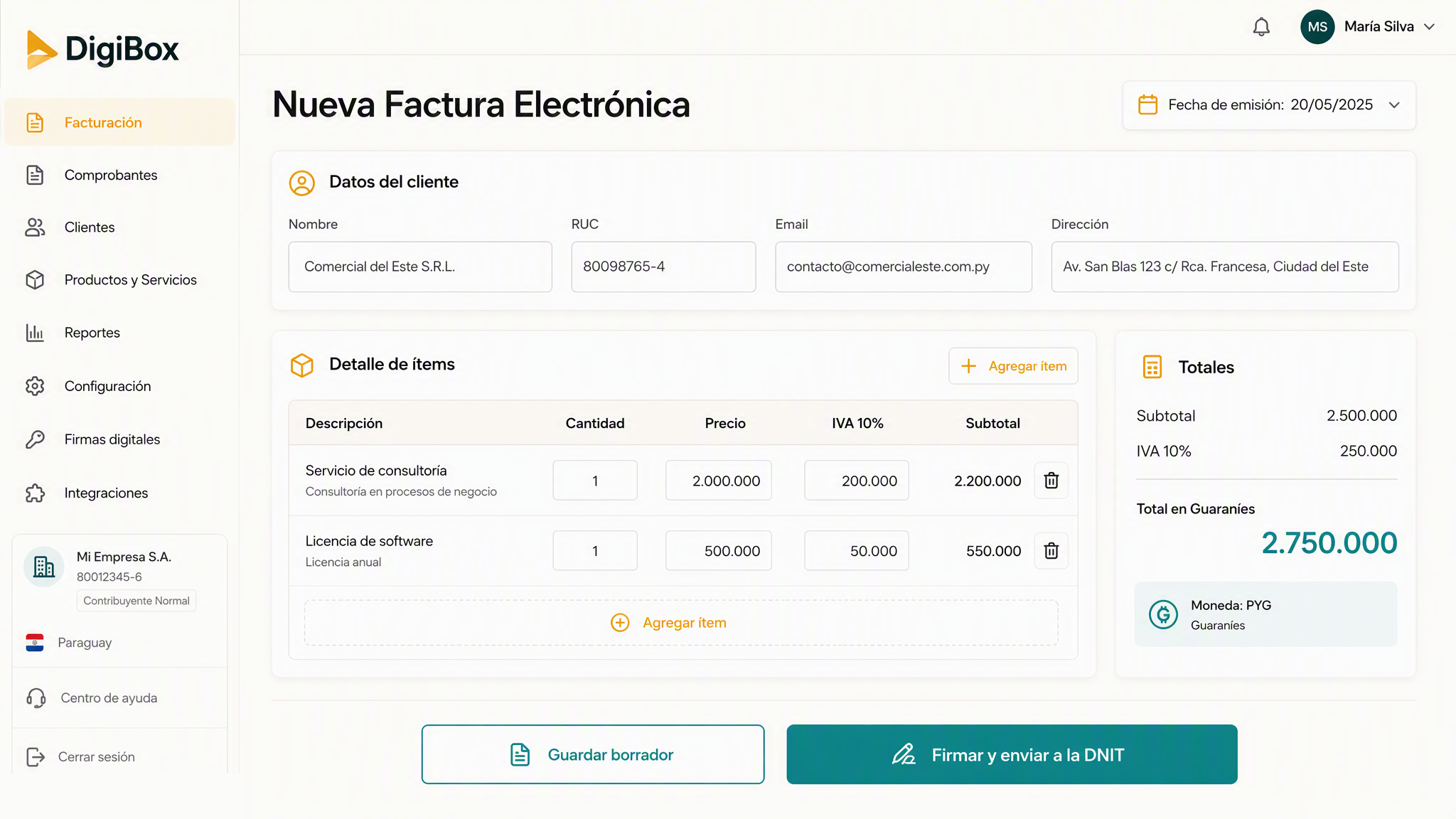 Emisión de factura electrónica en DigiBox